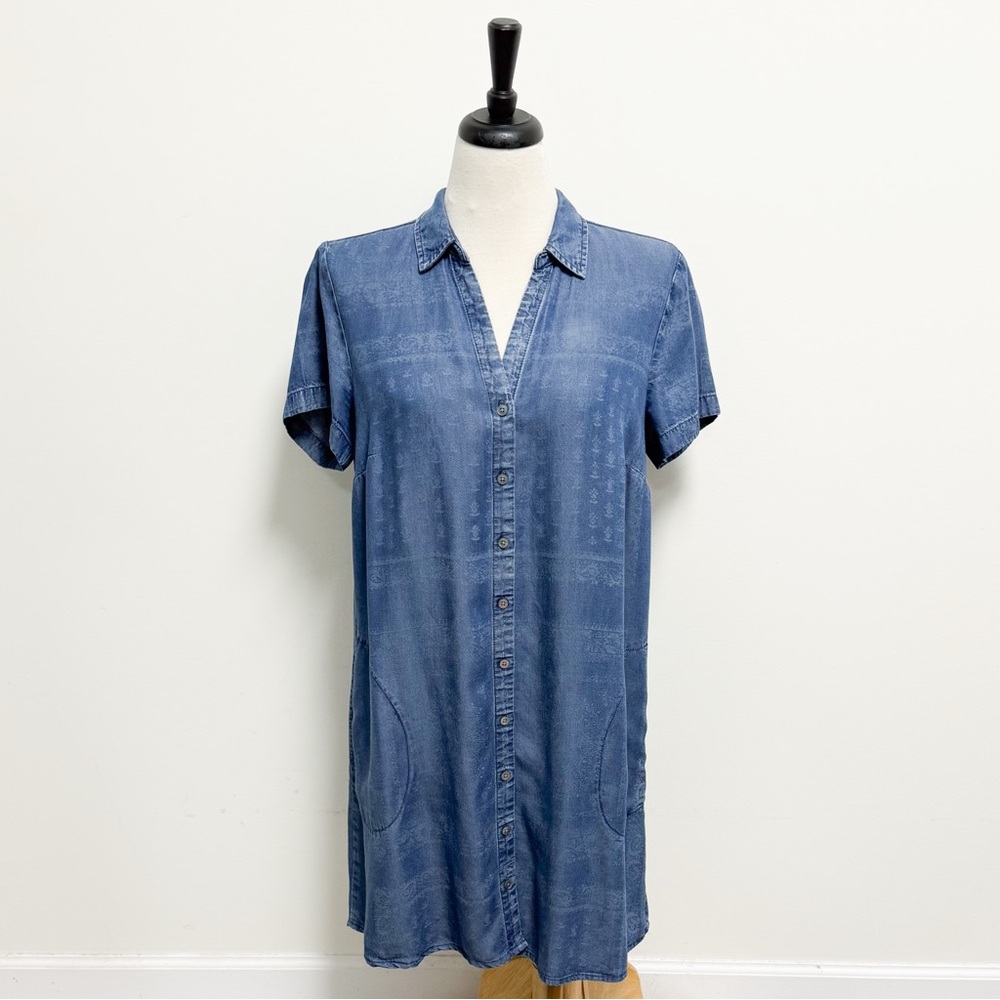J Jill Blue Bandana Print Short Sleeve Collared V Neckline Button Up Shirt Dress